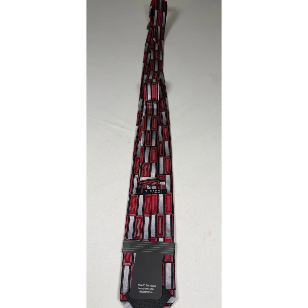 Privado Mens Silk Tie Red Silver Black Geometric Stain Resistant Hand Made